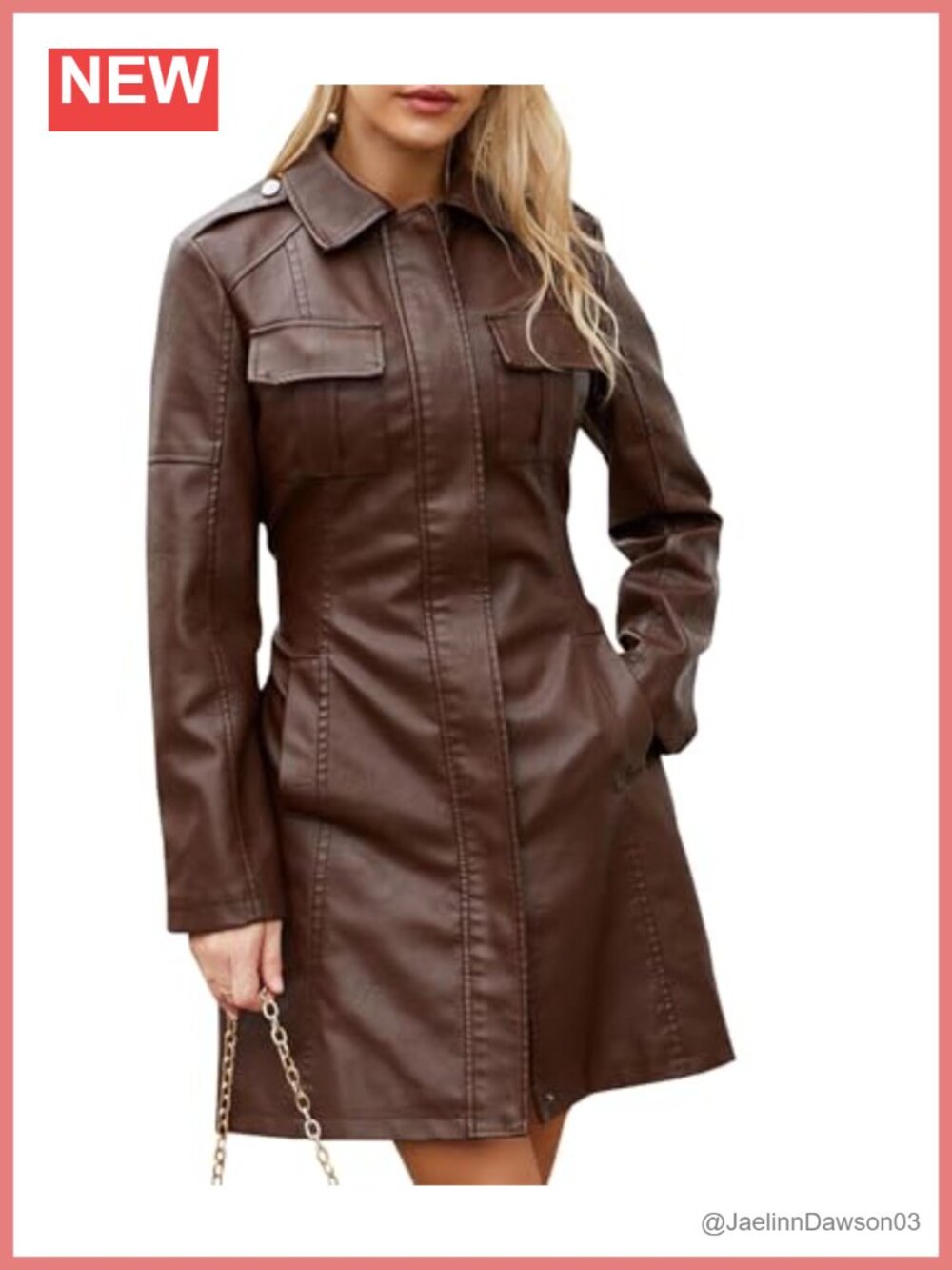 Women's Faux PU Leather Trench Coat Mid Length Zip Up Belted Long Jacket
